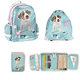 Adecuado para estudiantes Studio Pets Studio Pets - Mochila escolar (3 piezas, mochila + bolsa + estuche), diseño de perro con monopatín, color verde y rosa