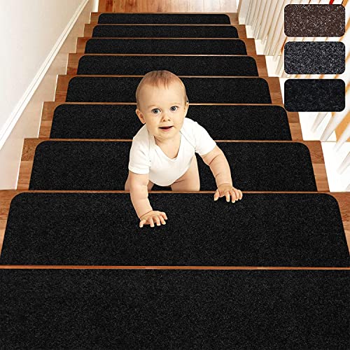 XDKS Alfombra para Peldaños De Escalera con Respaldo Autoadhesivo Antideslizante Especializada para Escalones De Madera En Interiores, Ancianos Y Perros, 8 X 30 Pulgadas, Paquete De 15 (Negro) Cover