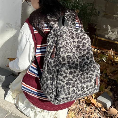 Leopard Print Backpacks Fuzzy Retro Bag Book Bag for (Black)4