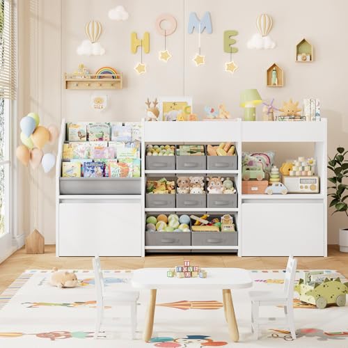 HOCSOK Toy Storage Unit, 3-Tier Kids Bookshelf, Toy Organiser with 8 Fabric Bins, 3 Open Shelves, 2 Wheeled Drawers, Kids Storage Units for Nursery, Playroom, Bedroom, White 158x80x29.7cm - Image 5