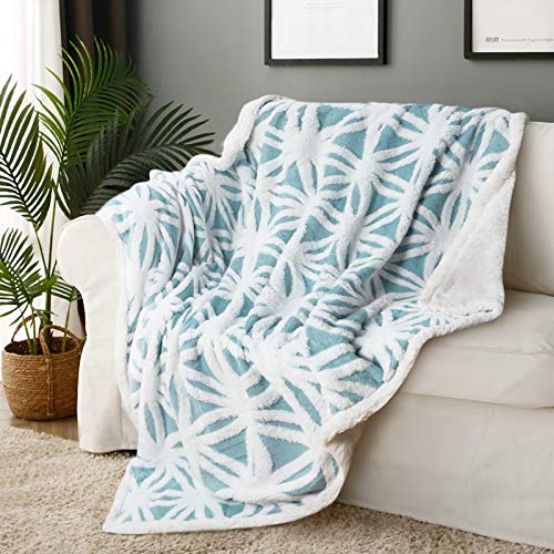VERTKREA Sherpa Fleece Blanket, Light Blue and White Sherpa Bed Blanket, Reversible Jacquard Plush Throw Blanket, Soft Cozy Lightweight Coral Fleece Blanket for Couch, Sofa, Bed, Chair, 51 x 63 Inches