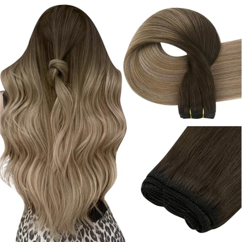 Image of Easyouth Balayage Sew in Weft Extensions 20inch Darkest Brown to Brown with Ash Blonde Silky Straight Ombre Human Hair Brazilian Hair Bundles Remy Weave Hair 100g