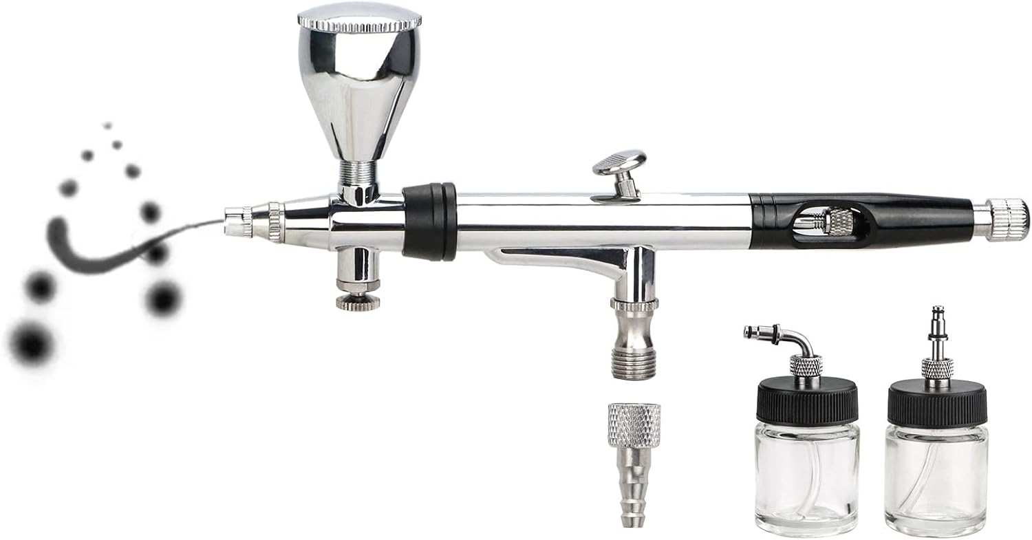 Anesty Rotary Airbrush, Dual-Acting Airbrush with Gravity/Bottom/Side Cup& Siphon Feed Jars, Smooth Rotating Air Brush for Painting Model Makeup Tattoo Nail Art Coloring Cake Decor A360K