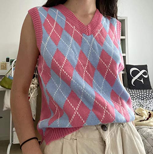 Hyipels Sweater Vest Women,Sleeveless V Neck Argyle Plaid Long Preppy Loose Knitted Casual School Sweaters Tank Top4