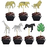 28 Pcs Double Layer Glitter Cooper Life Jungle Safari Animal Cupcake Toppers Zoo Cake Topper Picks...