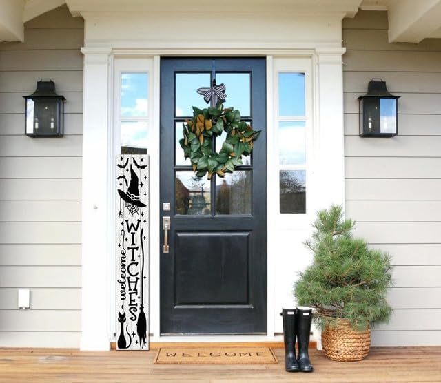 Miniatura 3 de Sokomurg Letrero vertical de bienvenida de brujas de 8 x 48 pulgadas, de madera, vertical, de madera, para Halloween, puerta de Halloween,