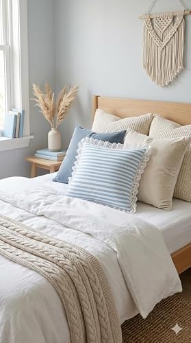 Throw Pillow Blue Striped Linen Throw Pillow Cover with Net Lace Frill, Soft Fabric Decorative Cushion Cover for Sofa, Bedroom, Vintage Décor, 16x16 Inches Sofa Styling