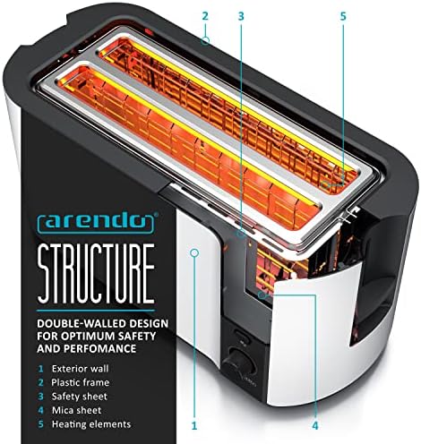arendo - Frukost 4 slice long slot toaster - double wall housing  with warming rack  6 browning settings  auto bread centring  reheat defrost cancel function  remaining time display