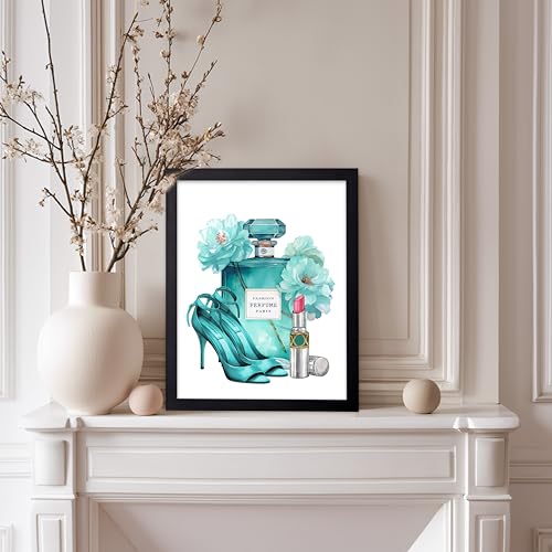 Image of Poster Master Turquoise Blue Designer Print - Fashion Poster - Shoes, Lipstick & Perfume Art - Chic Gift for Women & Fashionista - Glam Decor for Bedroom or Girl's Room - 11x14 Black Framed