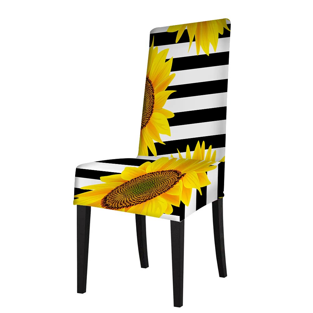 WONDERTIFY Sunflowers Chair Covers for Dining Room Yellow Flora Stretch Slipcovers Chair Protector Decor for Home and Banquet Striped Black White