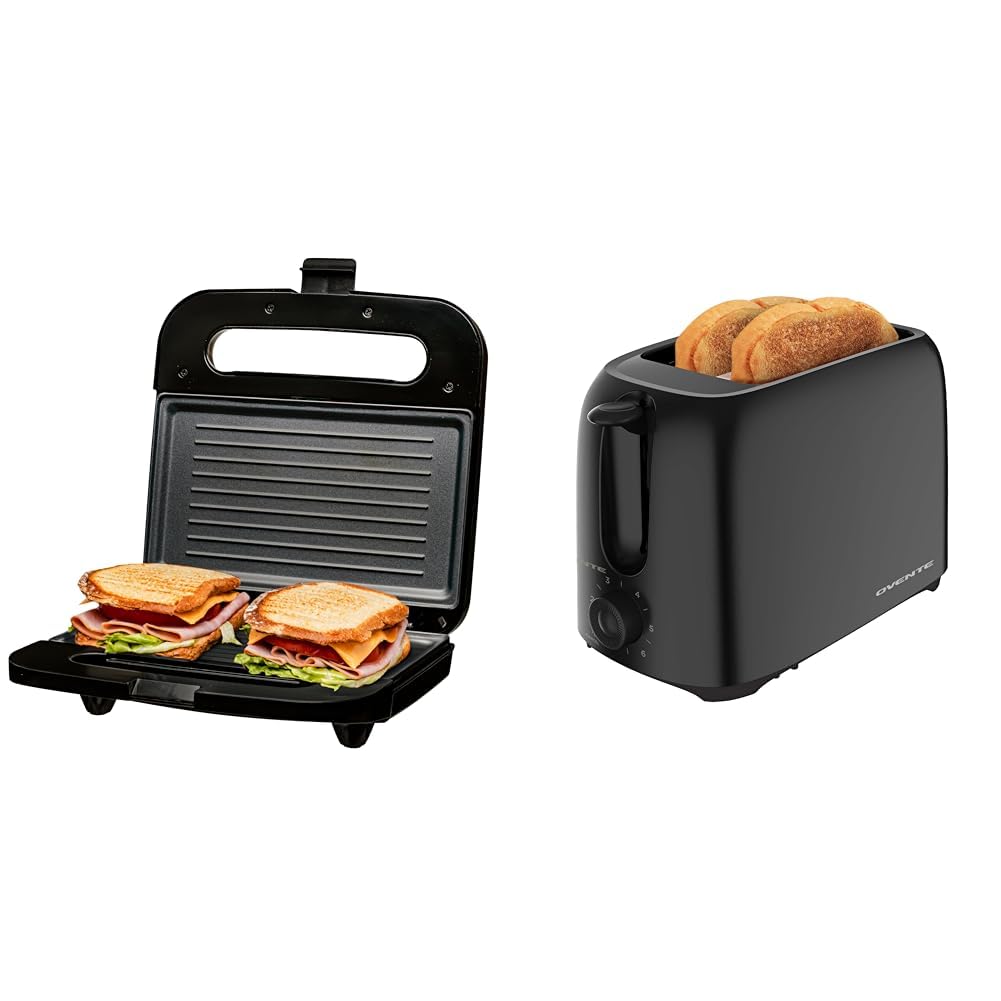 OVENTE 750W Panini Press Grill &amp; 700W 2-Slice Toaster Bundle - Sandwich Maker &amp; Toaster Machine Set