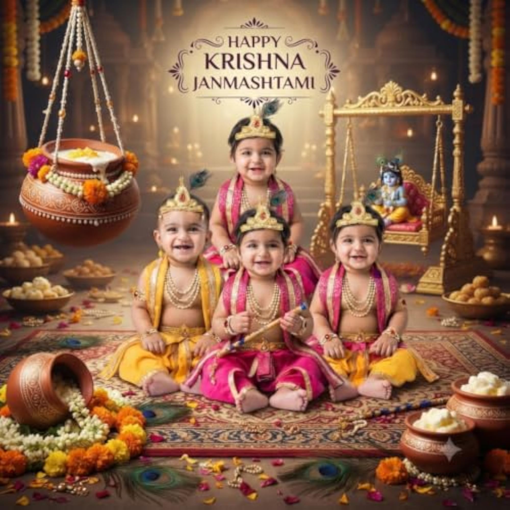 Krishna Janmashtami Dress Set for Laddu Gopal with Mukut & Bansuri