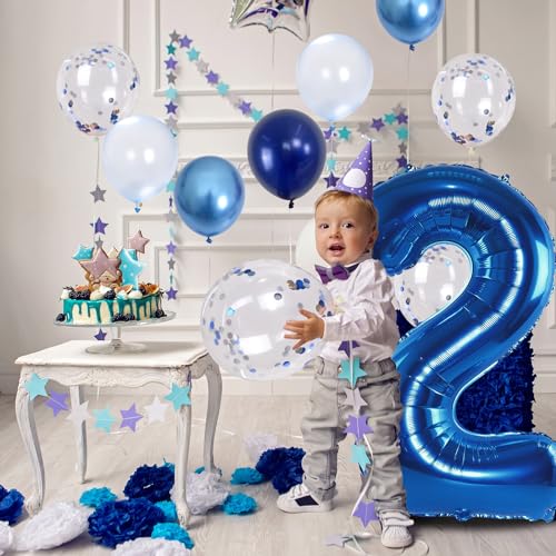 Image of Foil Number Balloons - 2nd Birthday, Pastel Helium Balloons, 40 inch, Navy, Dark Blue, Silver Confetti, Self Inflating, Big Two, Boys' Birthday Party Decor