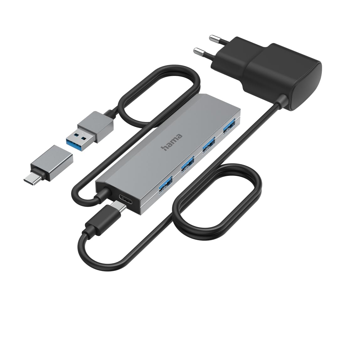 Hama Hub USB, 4 Ports, USB 3.2 Gen1, 5 Gbit/s, Adaptateur USB-C et Bloc Secteur, Garantie 10 Ans, Gris