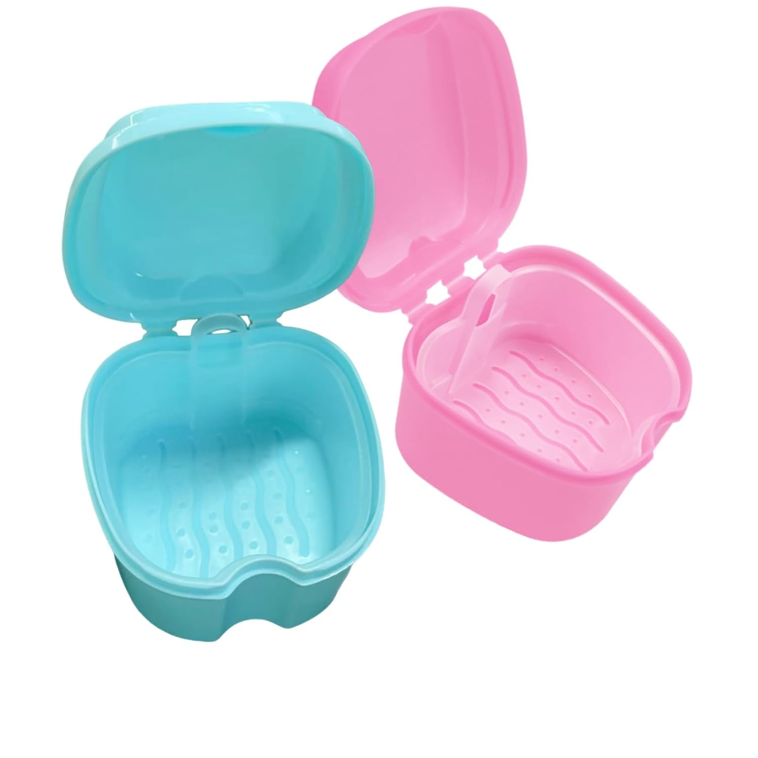 2pcs Denture Bath Retainer Case, Dentaure Cups for Soaking Dentures with Strainer Basket Tray,Compact and Pportable Design, Suitable for Traveling (Purple+Pink)