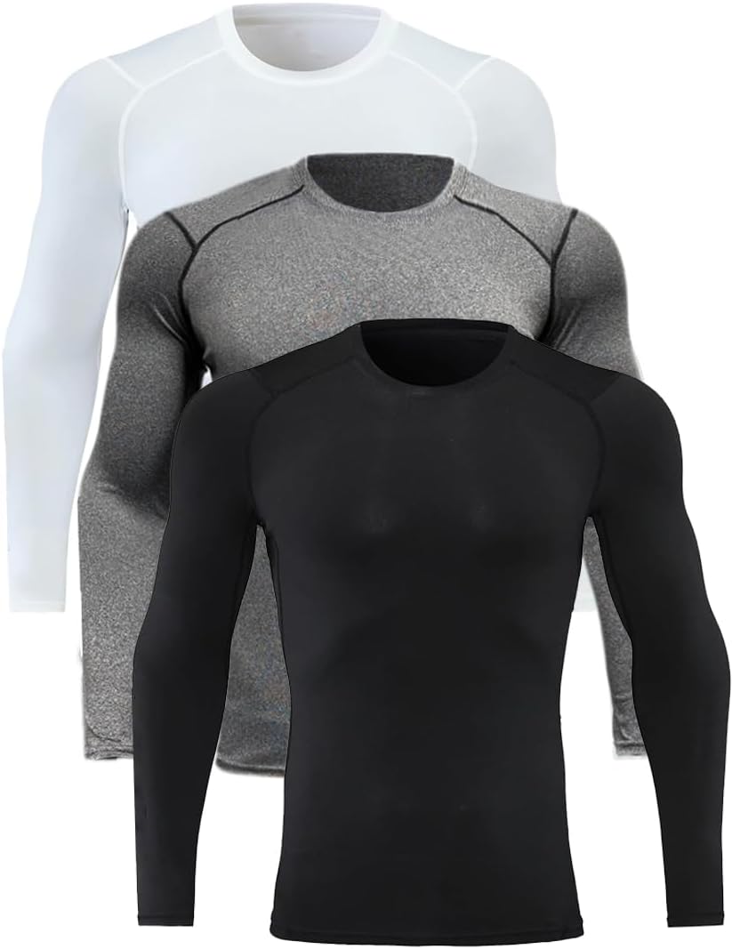 3 Pack Mens Compression Shirt Long Sleeve UV Protection Cooling Dry Fit Shirts Workout Baseball Undershirt