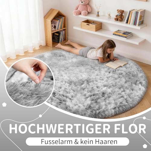 VOFUSHON Teppich Rund 100 cm Hellgrau Waschbar Rutschfester Hochflor Runder Teppich Kinderzimmer Weich Flauschig Rug