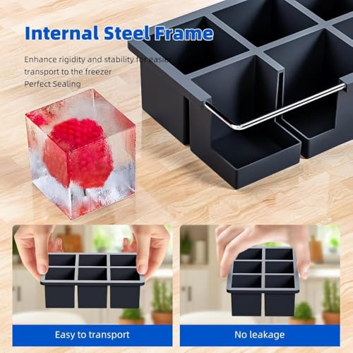 Image of Ice Cube Molds with Lid,Big Silicone Ice Cube Tray for Whiskey,2Inch Square Ice Cube Tray,Easy-Release Ice Mold,Giant Ice Cubes for Bourbon Cocktail (2, Black)