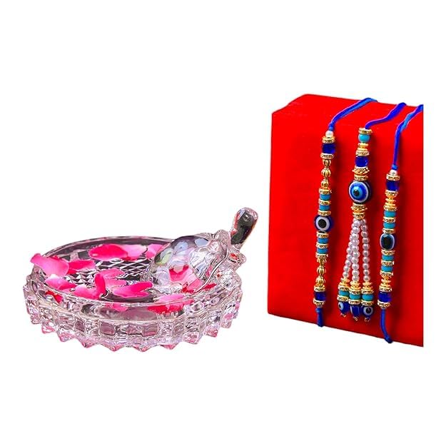 Image of SAUDEEP INDIA Feng Shui Crystal Tortise with Plate for Good Luck with Evil Eye Lumba /Couple Rakhi Set Brother Bhabhi | Turtle for Vastu Home Decor(1 Lumba, 2 Brother)