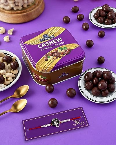 Image of Rakhi set with chocolates Sapphire Cashew Caramel Coated 90g 90g Chocolates Gift Pack Rakhi chocolate gift for brother chocolate gift pack