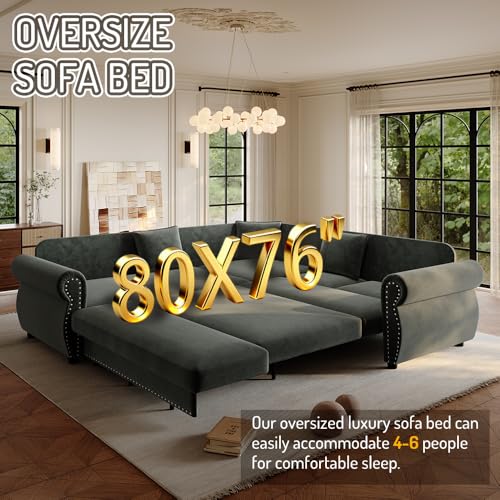 Image of KEIKI 88.2 inch Chesterfield Sleeper Sofa, Chenille Sectional Couch, Green