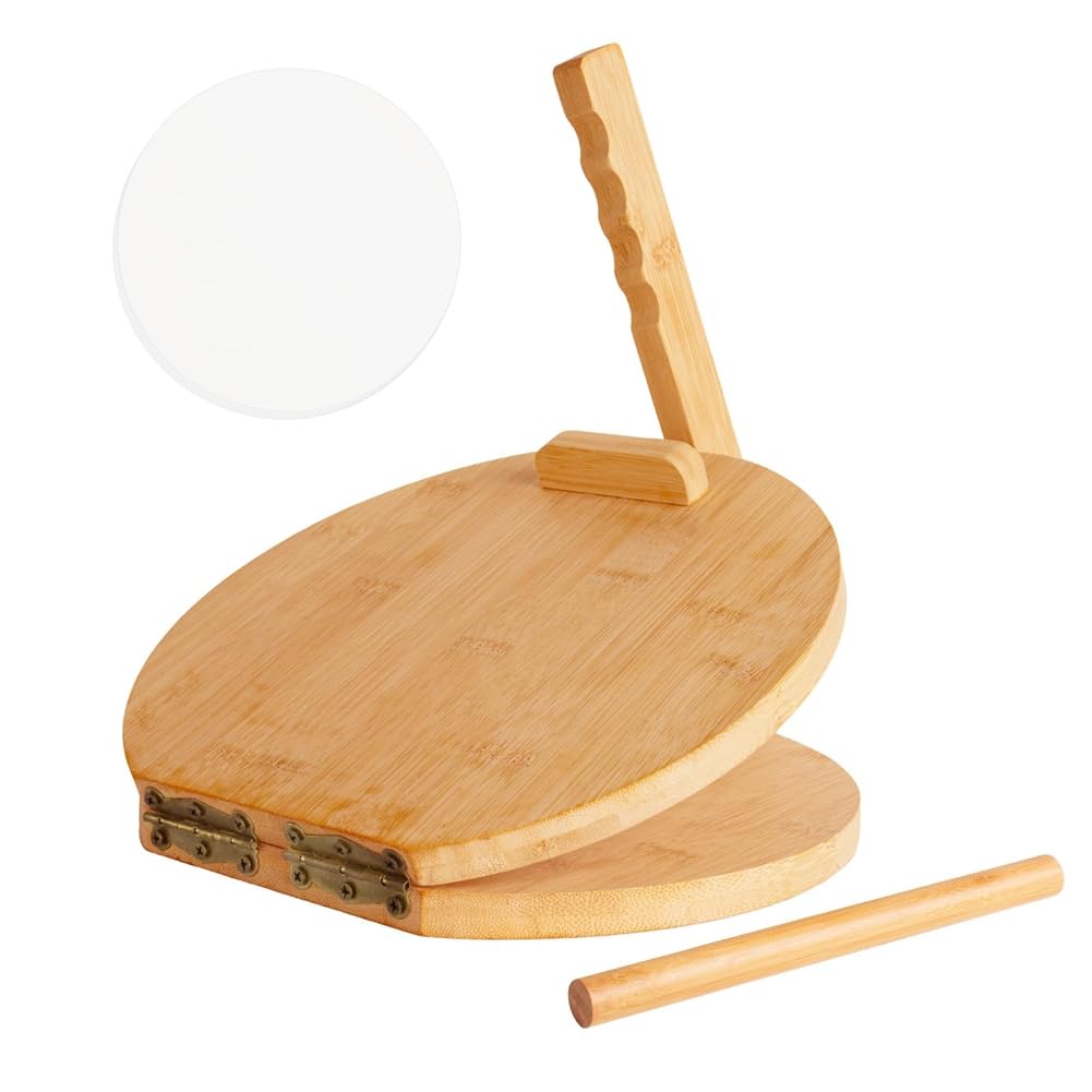 BOFRHME Wooden Tortilla 10 Inches Wood Tortilla Maker, with Rolling Pin & 50 Pcs Parchment Paper, for Homemade