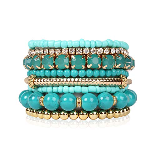 Multi Color Stretch Beaded Stackable Bracelets - Layering Bead Strand Statement Bangles (Original - Turquoise, 7)