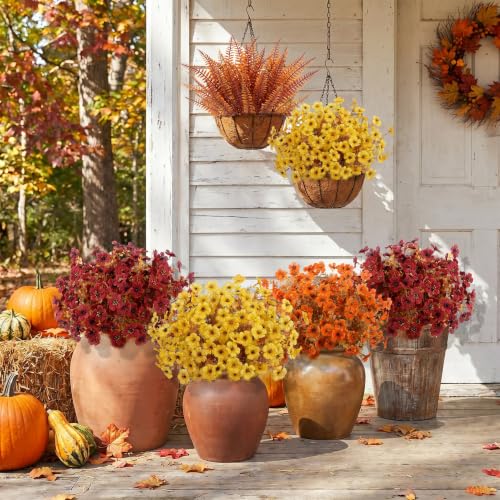 Image of Bassion Artificial Fall Mums for Outdoors Decor, 16 Pcs Fake Fall Flowers | Realistic, faux plants, silk flowers, UV resistant, no fade, outdoor yard porch garden planter window box home autumn decor