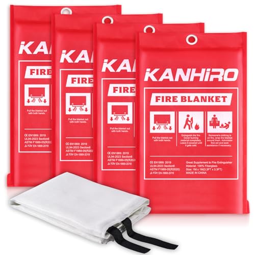 Emergency Fire Blanket for Home Kitchen - KANHIRO Fiberglass Fire Suppression Blanket Great for School, Fireplace, Grill, Car, Office, Warehouse (4 Pack, 40'x40')