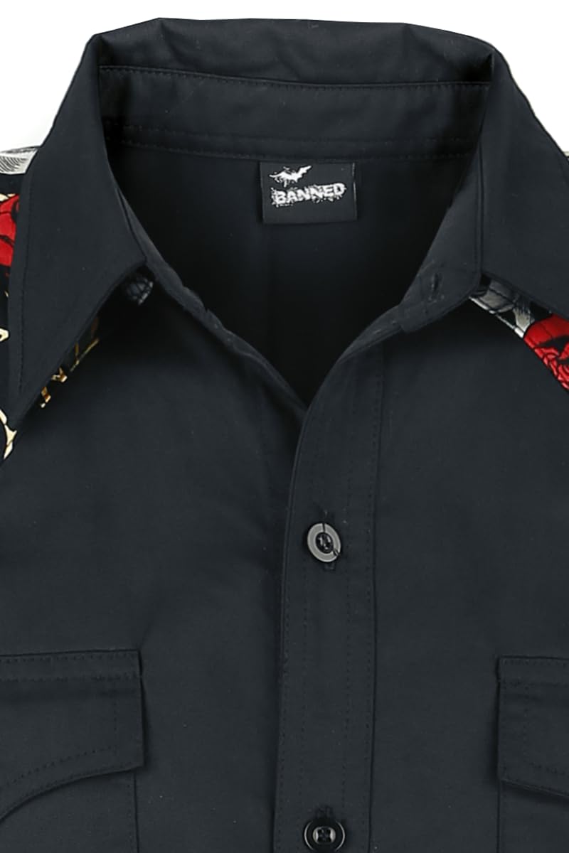Banned Alternative Skull Rose Hombre Camisa Manga Corta Negro 60% poliéster, 40% algodón Regular
