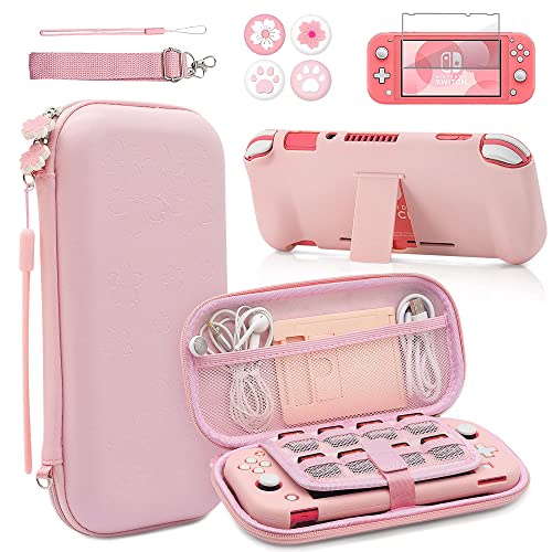 BRHE - Juego de funda y accesorios rosas de viaje para Switch Lite, funda protectora dura con soporte, protector de pantalla,...