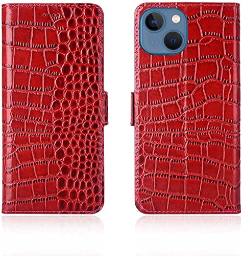 Étui portefeuille en cuir véritable pour iPhone 14 Plus rouge avec porte-carte