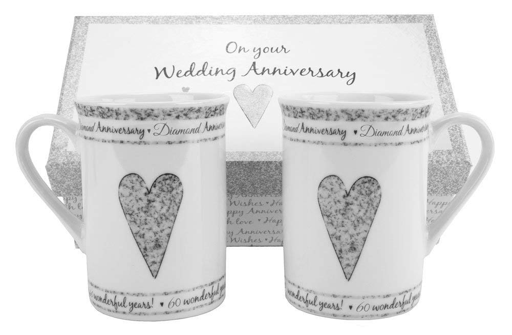 Beautifully Designed 60th Diamond Wedding Anniversary Set of Ceramic Mugs with Hearts | Dishwasher and Microwave Safe with Decorative Keepsake Box by Happy Homewares