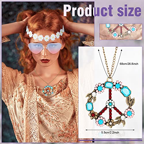 4 Pcs Hippie Costume Accessories Set 70s Peace Sign 60s Outfits for Women Necklace Daisy Earrings Flower Headband Sunglasses - Thumbnail 2