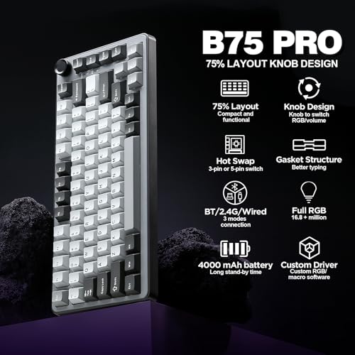 Image of YUNZII B75 PRO Wireless Mechanical Keyboard,75% Layout with Knob,Hot Swap Gasket Structure,Creamy Pre-lubed Switches,RGB Backlit,Bluetooth /Type-C /2.4G for Win /Mac (Dark Grey, Milk Switch)