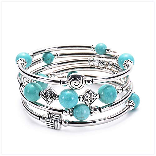 Natural Chakra Healing Crystal Wrap Bangle Bracelet, Bohemian Multilayer Charm Gemstone Mala Beads Stretch Unisex Jewelry Women Girls (Turquoise) #TOP1