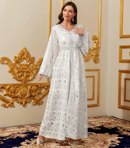 Image of Middle Eastern Modest Maxi Dress - Muslim Moroccan Kaftan Abaya for Women Gold Embroidered Eid Dress Islamic Traditional Wear