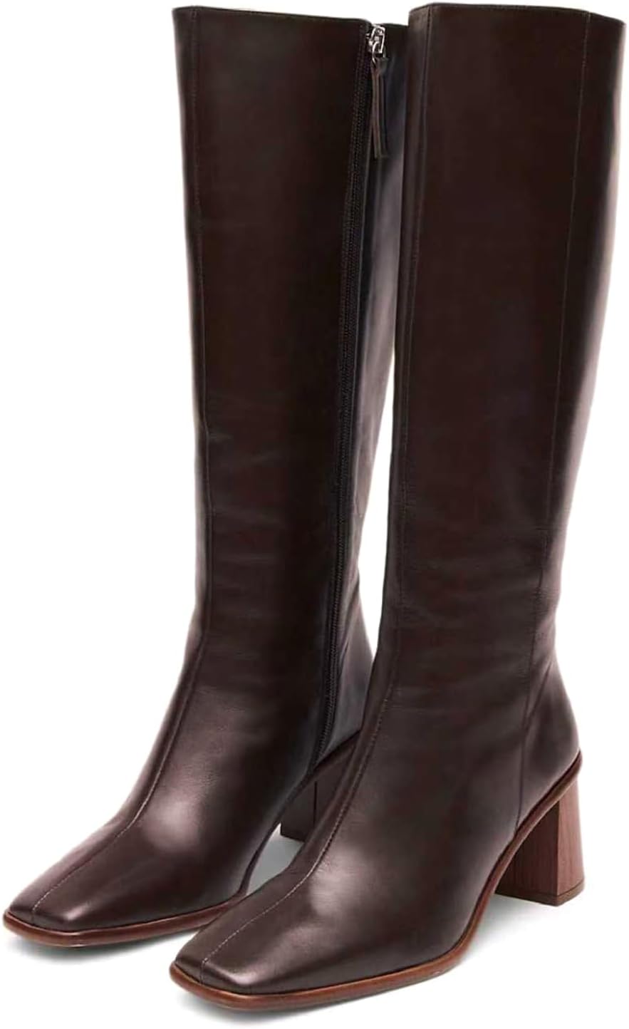 SOVANYOU Knee High Boots for Women Faux Leather Chunky High Heel Tall Boot Fashion Square Toe with Side Zip Comfortable Fall Winter boots