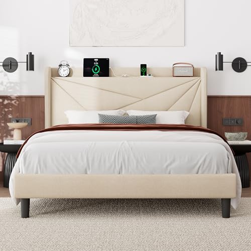 Feonase Full Size Bed Frame with Charging Station, Upholstered Linen Bedframe with Wingback...
