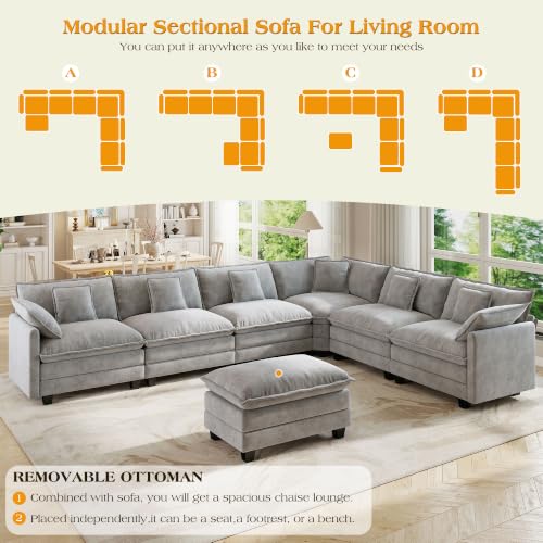 Image of Hanherry Modular Sectional Sofa,Cloud Couch for Living Room,Modern Deep Seat Sofa Chenille Fabric Comfy Couches with Throw Pillows & Movable Ottoman for Apartment