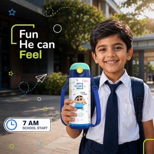 Image of Go24 pexpo Crayon Shinchan ISI Certified Stainless Steel Water Bottle for Kids - 300ml | Hot & Cold Vacuum Insulated Flask | Leak Proof | Carry Strap | School, Picnic - Denim Blue Little Artist