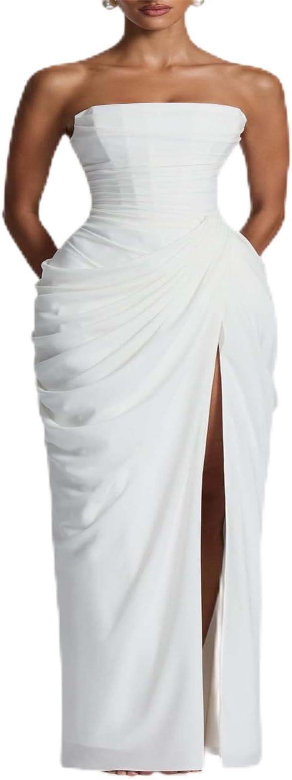 Strapless Prom Dresses Long Mermaid Ruffle Ruched Formal Evening Maxi Dress with Slit Pleated Long Formal Evening Gowns