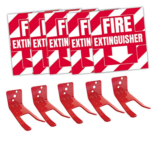 Fire Extinguisher Sign Sticker Bracket Wall Mount - Pack of 5 Self Adhesive Decals Weatherproof UV Protected AND 5 6-13 lb Forks