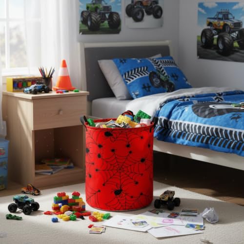 Image of Baby Laundry Hamper Basket Baby Hamper for Nursery Boy and Girl Cute Storage Bin Organizer Boho Room Decor(Red Spider Webs)