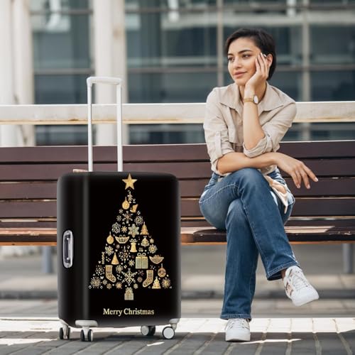 Image of Christmas Tree Luggage Cover for Suitcase 20-22 Inch - Black and Gold Holiday Travel Suitcase Protector - Stretch Washable Anti-Scratch Luggage Sleeve with Merry Christmas Design,S