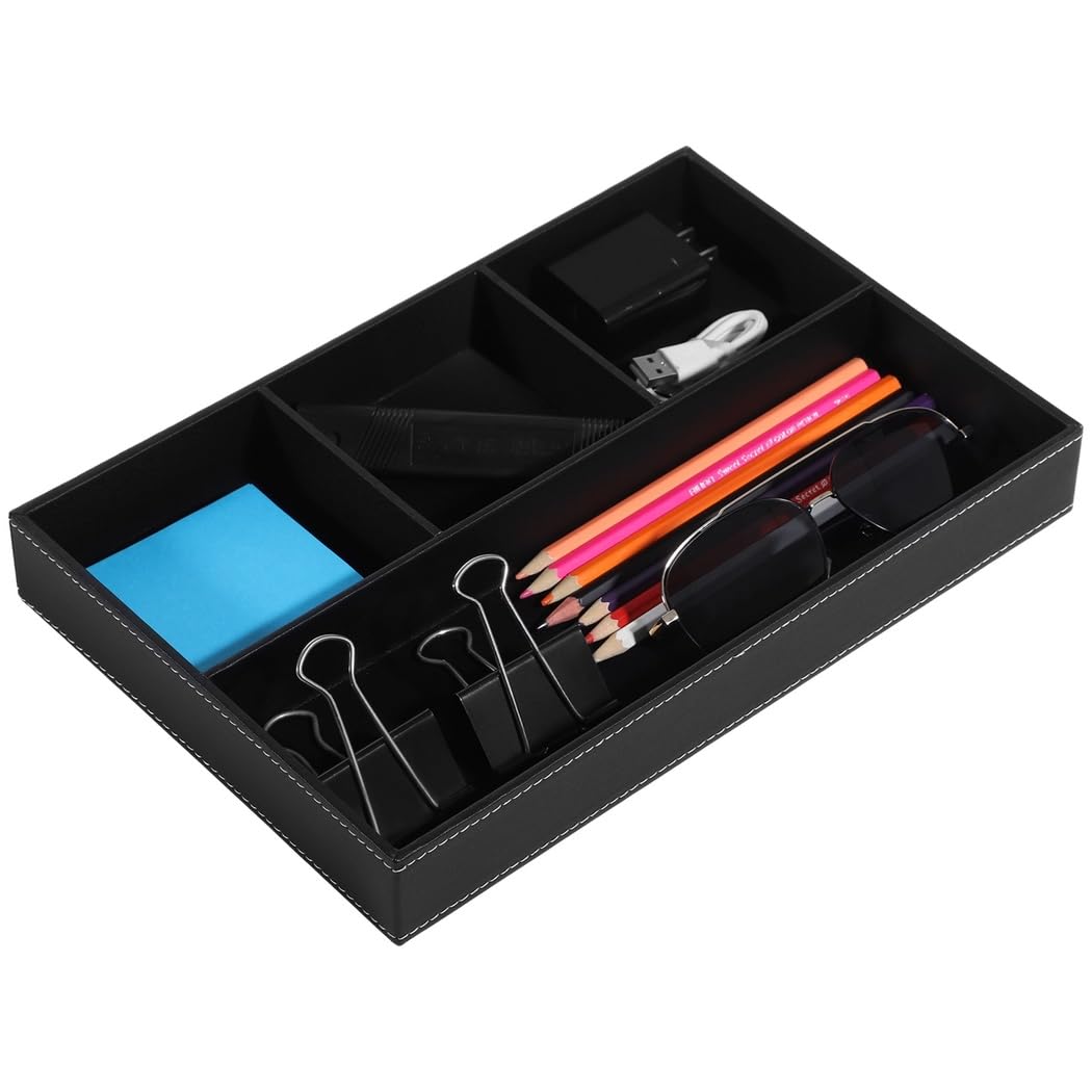 Bandeja Organizadora De Cuero Sintético - 4 Compartimentos Para Llaves, Gafas, Monedas Y Joyas, Color Marrón