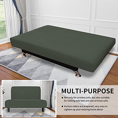 Image of Easy-Going Stretch Medium Futon Slipcover Armless Futon Cover Olive Green | Sofa Bed Furniture Protector Without Armrests with Elastic Bottom for Kids, Soft Jacquard Machine Washable