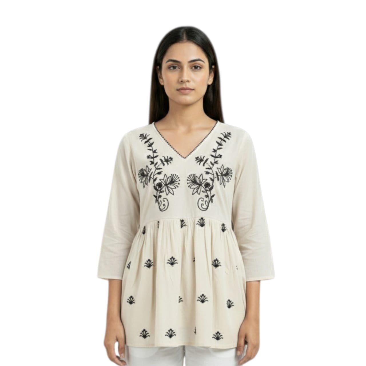 Green Embroidered Cotton Blend Short Kurti, V-Neck Floral Design Top with 3/4 Sleeves, Hip Length Tunic for Women-picture-48