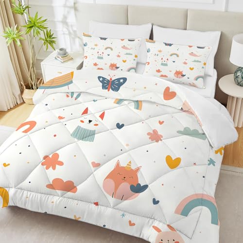 PNHCL Dibujos Animados Edredon Estampado 4 Estaciones, Mariposa Edredón Relleno Nórdico Cama 80/90, Animales Edredones Reversible 135x200 cm para Infantil Decoracion Dormitorio, Blanco