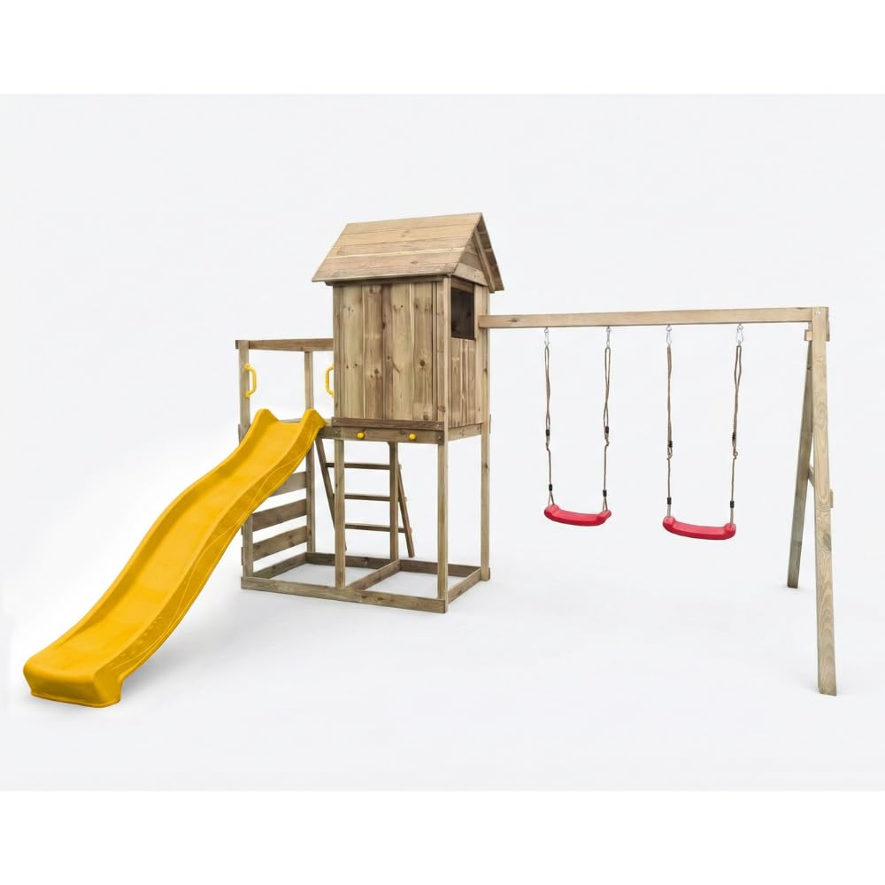 Casetta Rialzata in Legno per Bambini Maxplay 5 con Scivolo 2,2 m, Doppia Altalena e Parete Arrampicata – Parco Giochi da Giardino con Torre e Sabbiera, 368x370x262 cm, Legno Impregnato Autoclave